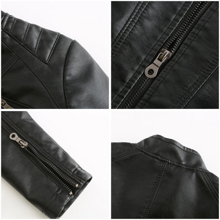Wine red women's slim fit leather jacket, versatile chic fashion statement piece.