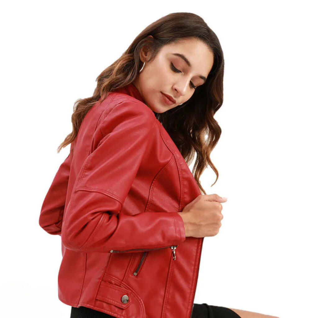 Lavender women's leather jacket, chic & versatile slim fit for elegant everyday wear.