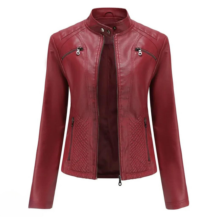 Pink women's slim fit leather jacket, versatile fashion statement, chic outerwear.