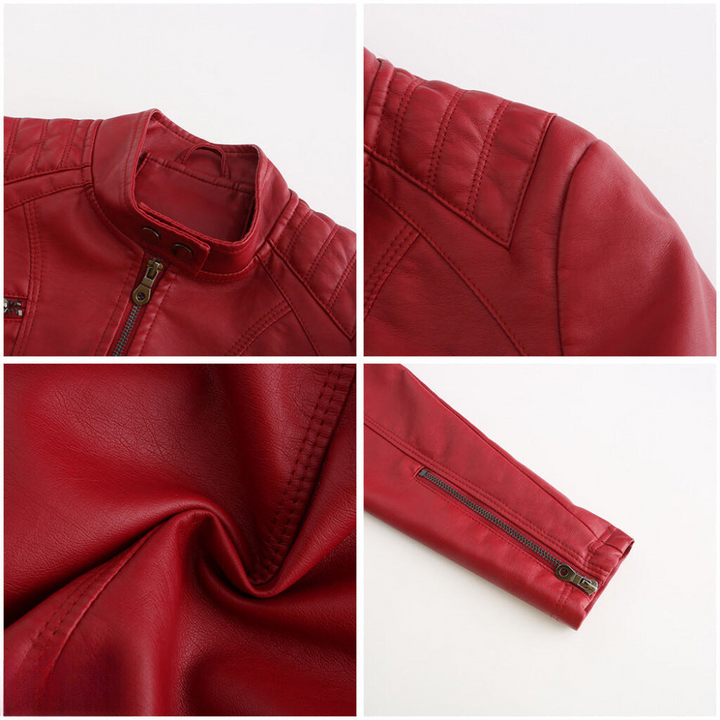 Chic black women's leather jacket, versatile outerwear, slim fit for elegant fashion.