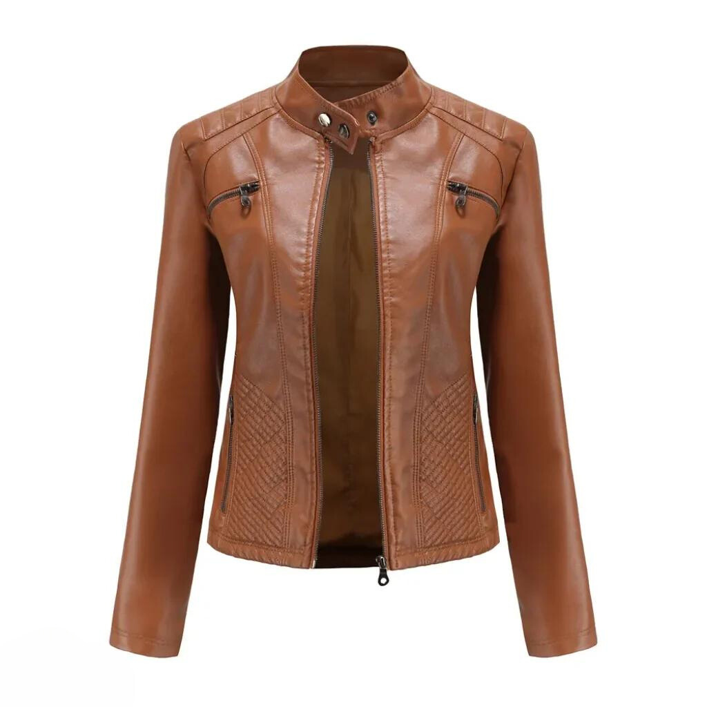 Versatile coffee women's leather jacket, chic slim fit outerwear, everyday style.
