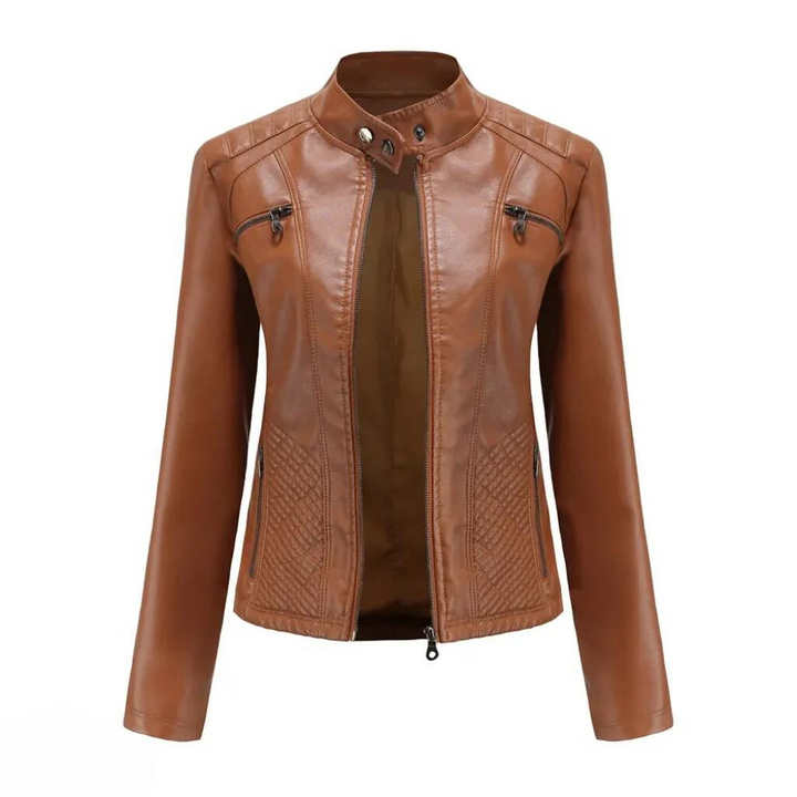 Versatile coffee women's leather jacket, chic slim fit outerwear, everyday style.