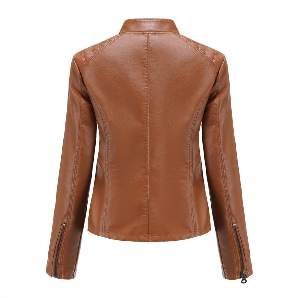 Brown women's elegant leather jacket, versatile everyday wear, chic statement piece.