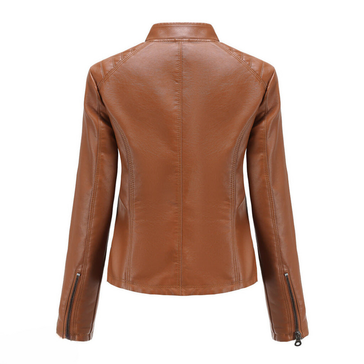 Brown women's elegant leather jacket, versatile everyday wear, chic statement piece.