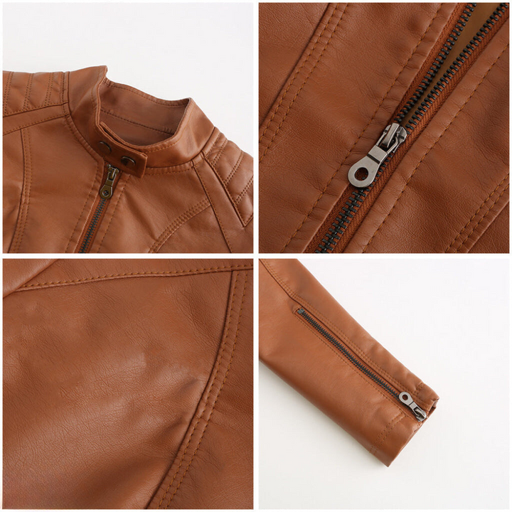 Slim fit black women's leather jacket, versatile chic outerwear for fashion.