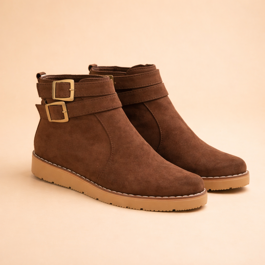 Stylish women's brown structured ankle boots with elegant buckle, comfortable for everyday fall and winter wear.