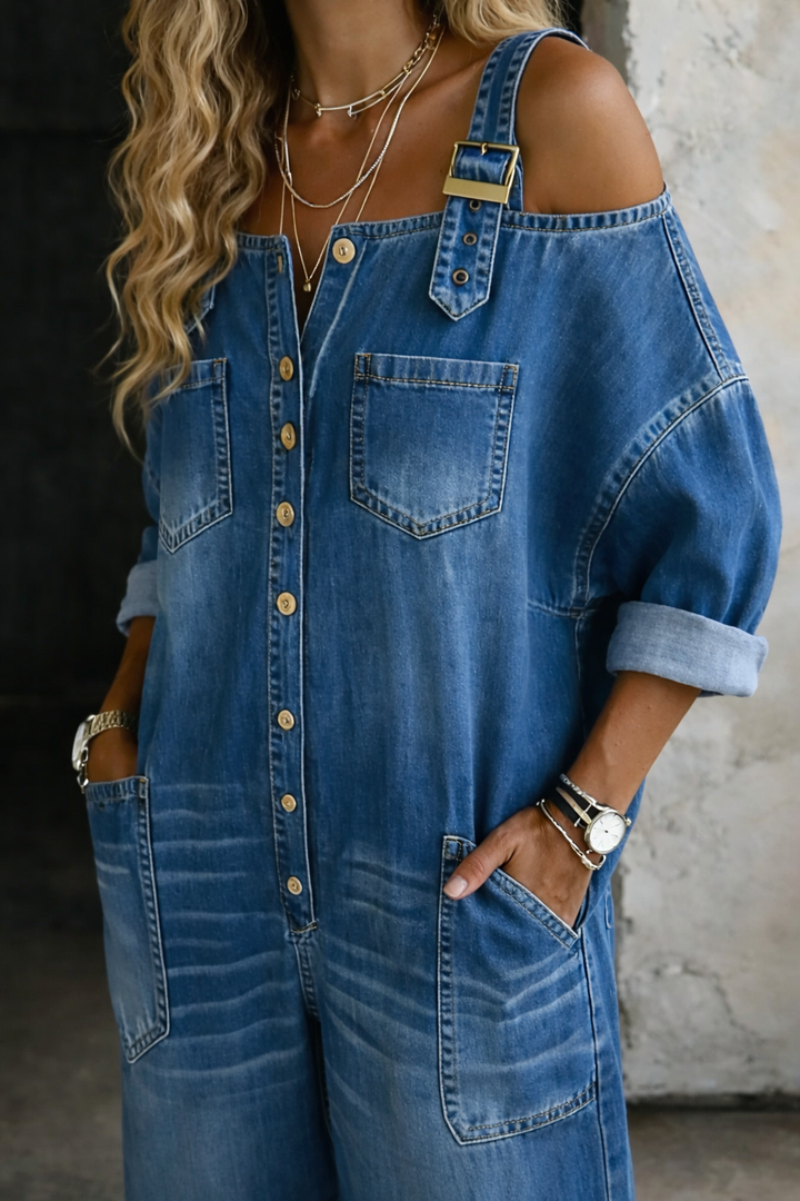 Effortless chic women's off-shoulder wide-leg jumpsuit in blue. Versatile for casual summer & autumn wear.