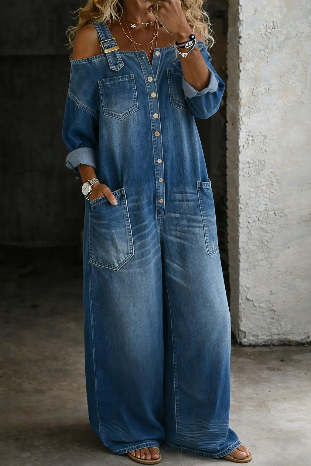 Stylish women's blue off-shoulder wide-leg jumpsuit, ideal for a chic and comfortable summer or autumn look.