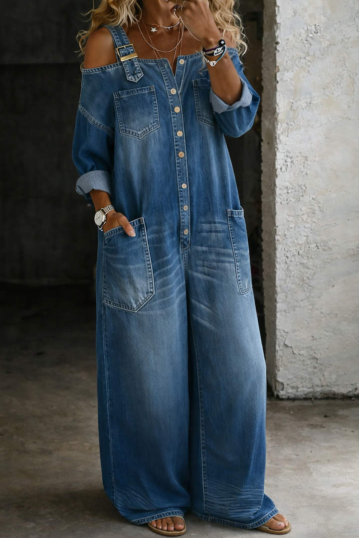 Stylish women's blue off-shoulder wide-leg jumpsuit, ideal for a chic and comfortable summer or autumn look.