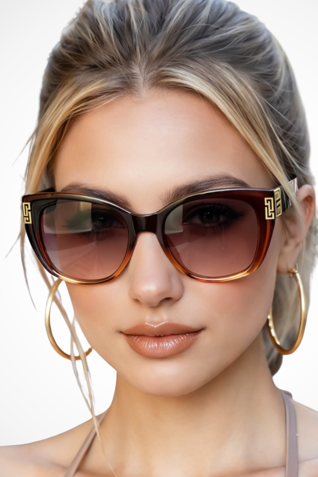 Women's chic cat eye sunglasses with elegant gold detail.