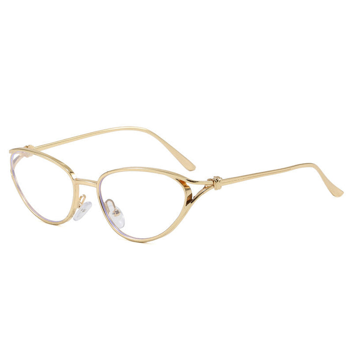Modern women's cat-eye eyewear, sleek metallic frame, combining style with essential UV protection.