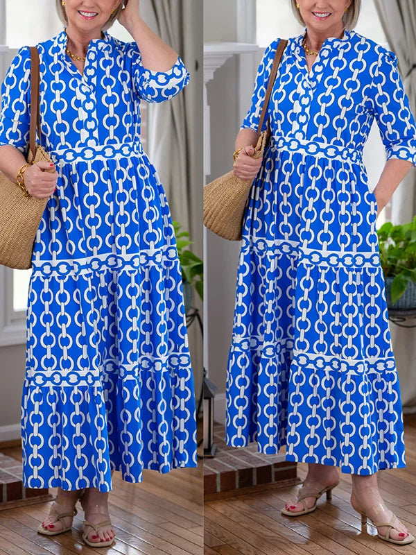 Trendy chain-print maxi dress for women. A comfortable, elegant long day dress for summer chic fashion.