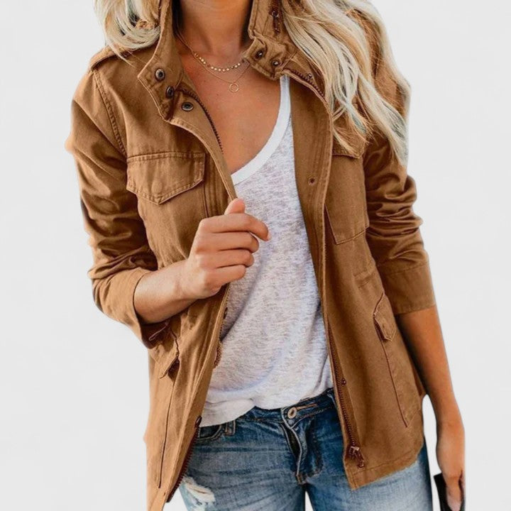 Stylish women's long jacket with a collar, convenient zipper, useful pockets, and chic cuffed sleeves.
