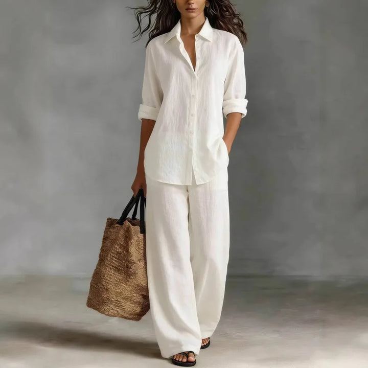 Women's chic collared shirt & wide-leg pants two-piece set for a relaxed, versatile look.