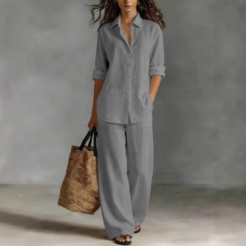 Flowy wide-leg pants for women, paired with a stylish collared shirt in a versatile two-piece set.