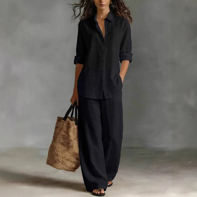Casual chic women's two-piece set: collared shirt & wide-leg pants, perfect for spring brunch.