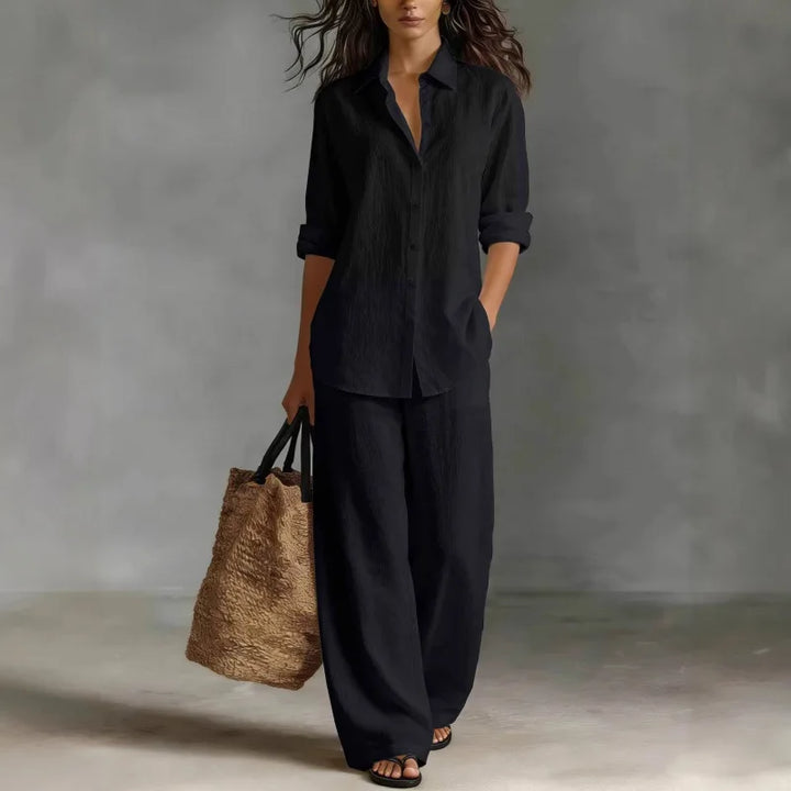 Casual chic women's two-piece set: collared shirt & wide-leg pants, perfect for spring brunch.