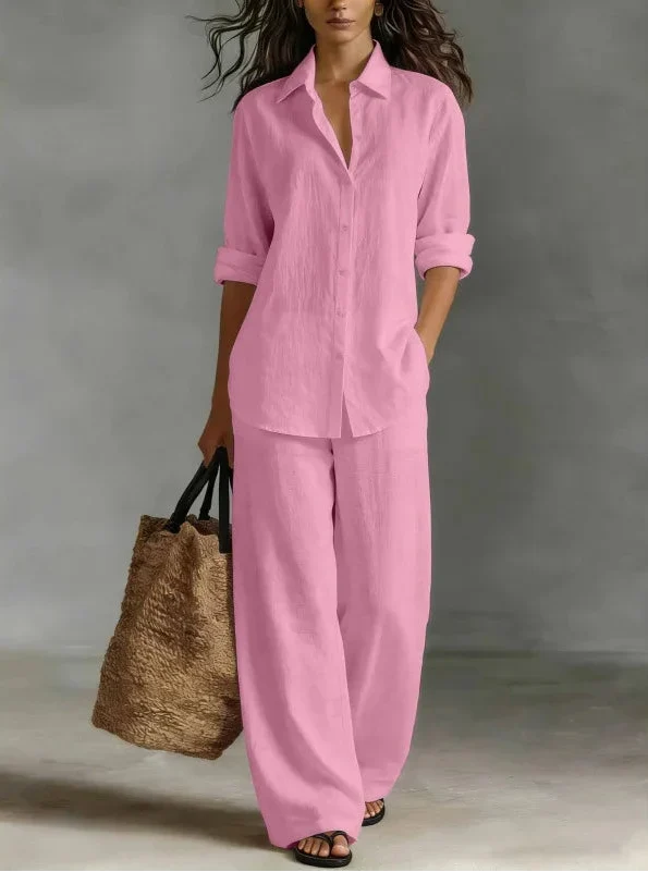 Versatile women's collared shirt & wide-leg pants two-piece set, ideal for spring & summer style.