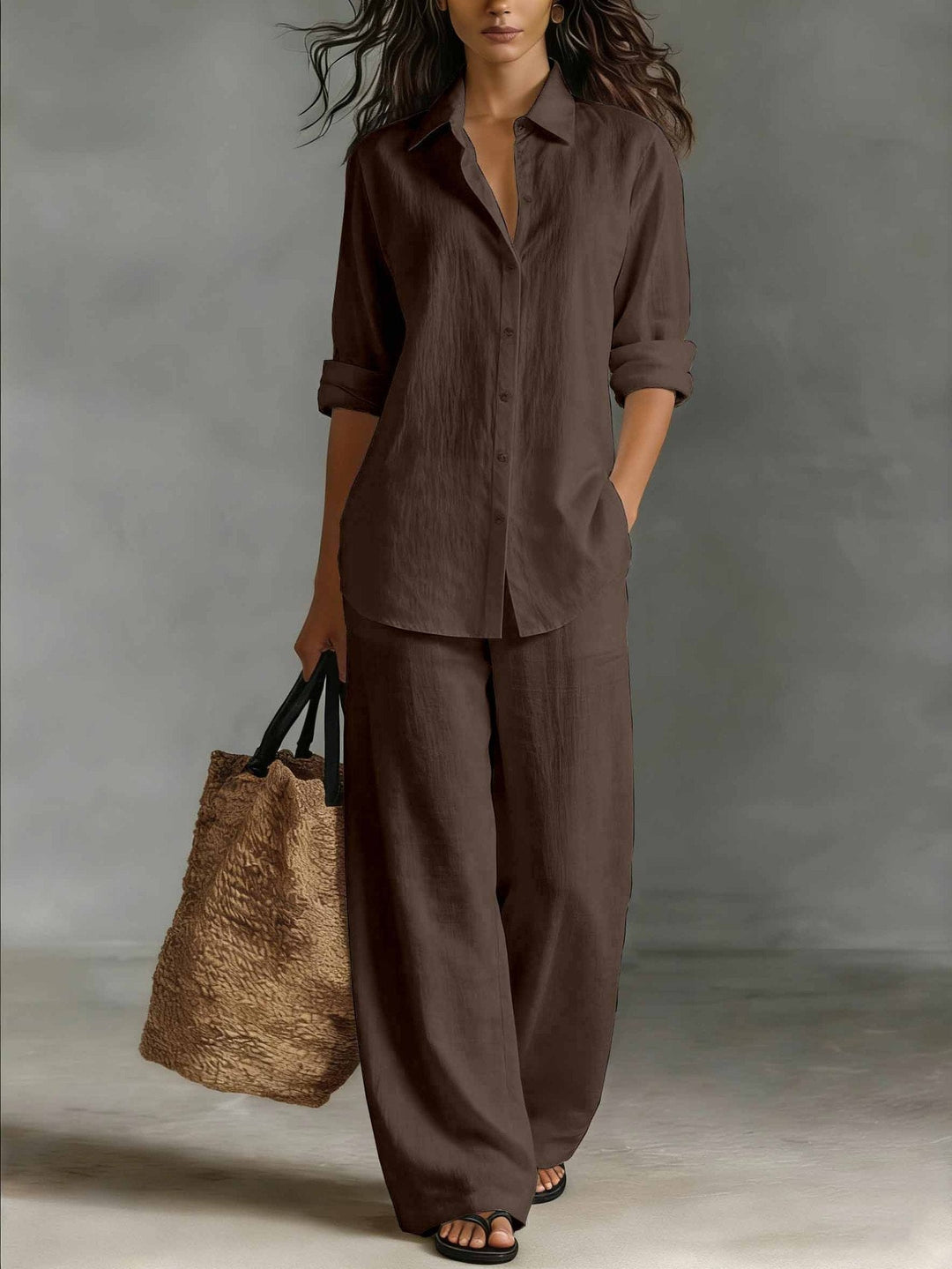Women's two-piece casual chic set with a collared button-up shirt and trendy wide-leg pants.
