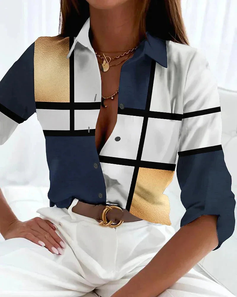 Women's chic color-block printed blouse with a collared neckline & 3/4 sleeves, perfect for casual wear.