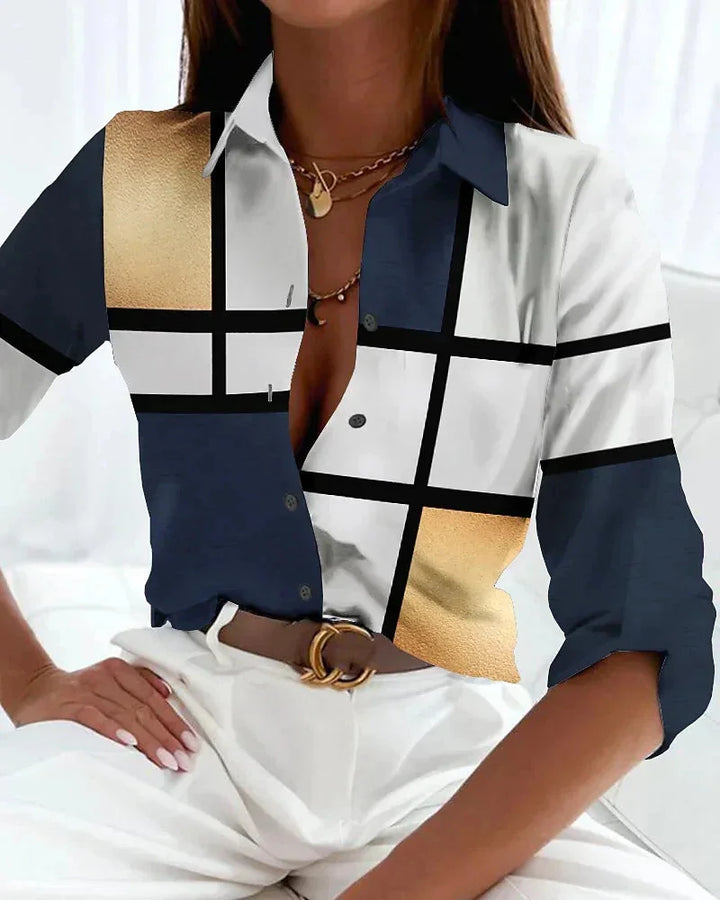 Women's chic color-block printed blouse with a collared neckline & 3/4 sleeves, perfect for casual wear.