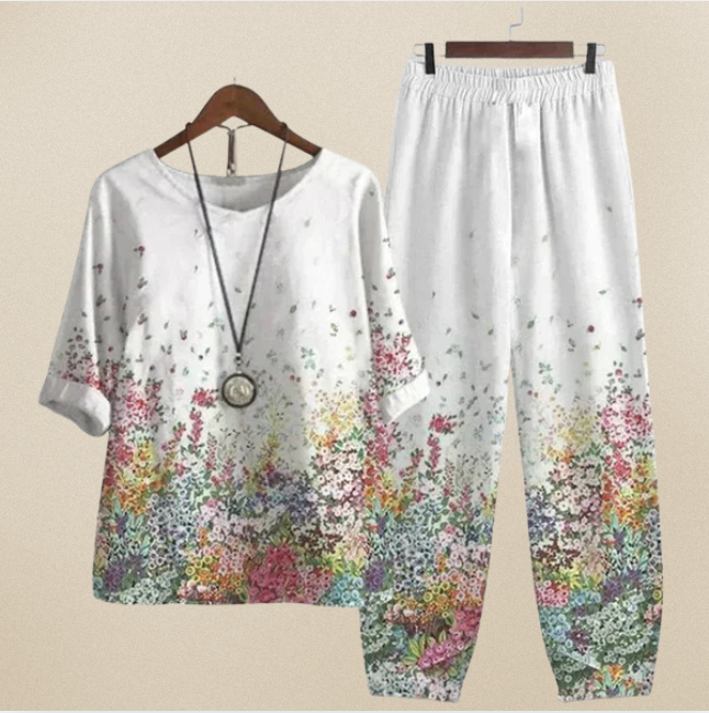 Women's comfortable chic shirt and trouser set. Two-piece casual outfit for versatile spring/summer wear.