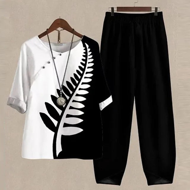 Soft & comfortable women's shirt and trouser set. Relaxed two-piece for spring/summer everyday outfits.
