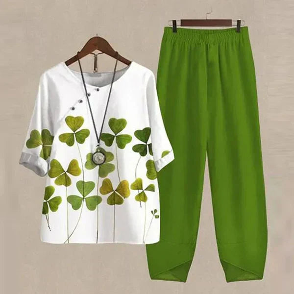 Stylish women's comfortable two-piece set with a relaxed shirt and matching trousers.