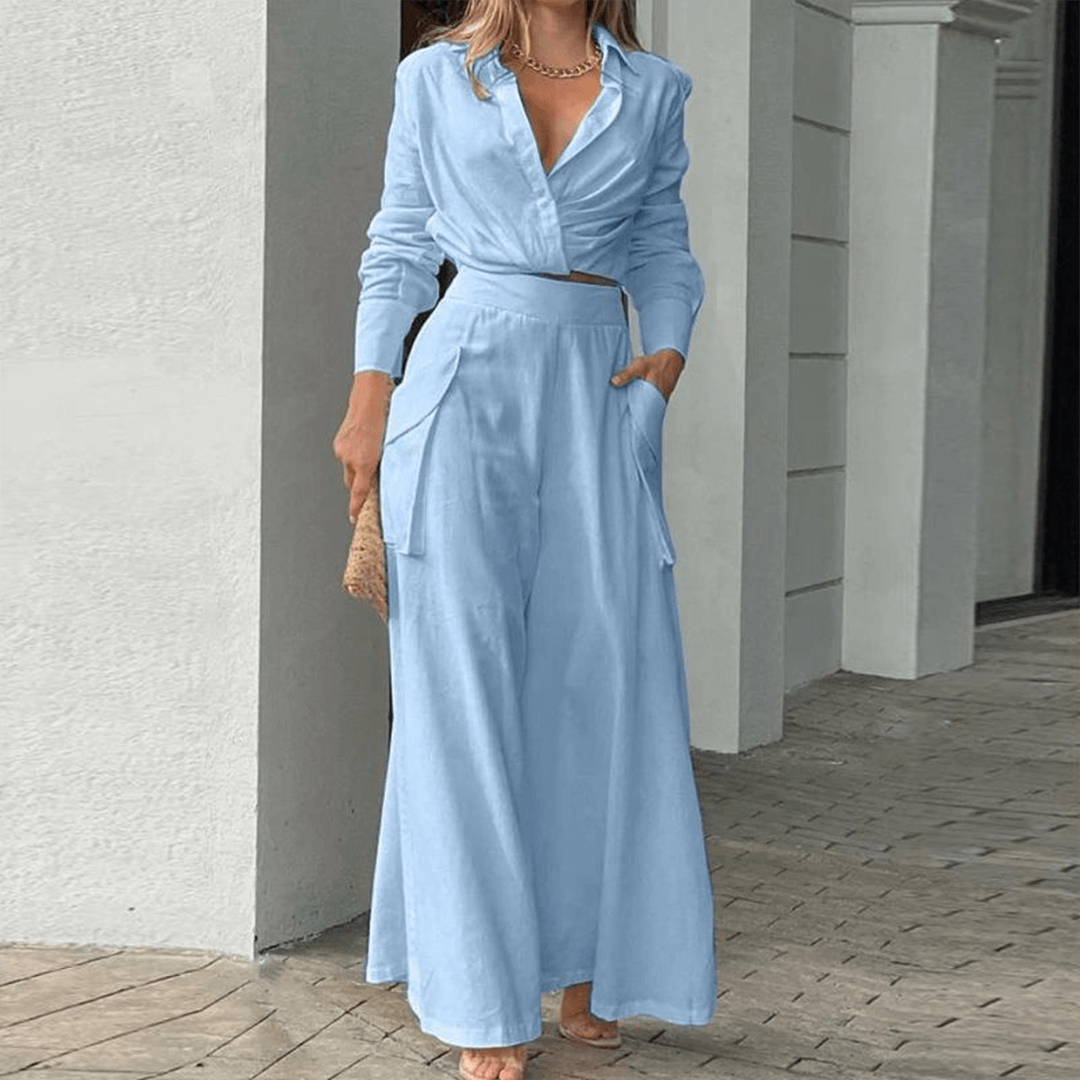 Women's chic crop top & wide-leg trousers two-piece set for elegant, versatile summer fashion.