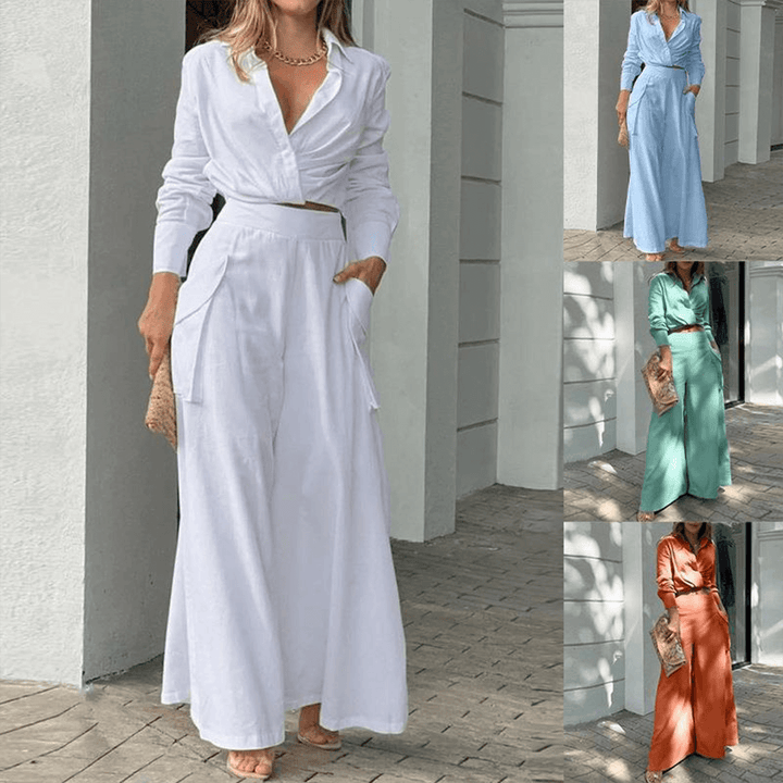 Chic women's crop top & wide-leg trousers set. Comfortable, elegant two-piece for stylish spring and summer fashion.