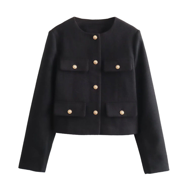 Women's chic cropped blazer with gold buttons, perfect for elegant smart casual and office wear.