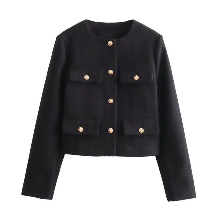 Women's chic cropped blazer with gold buttons, perfect for elegant smart casual and office wear.