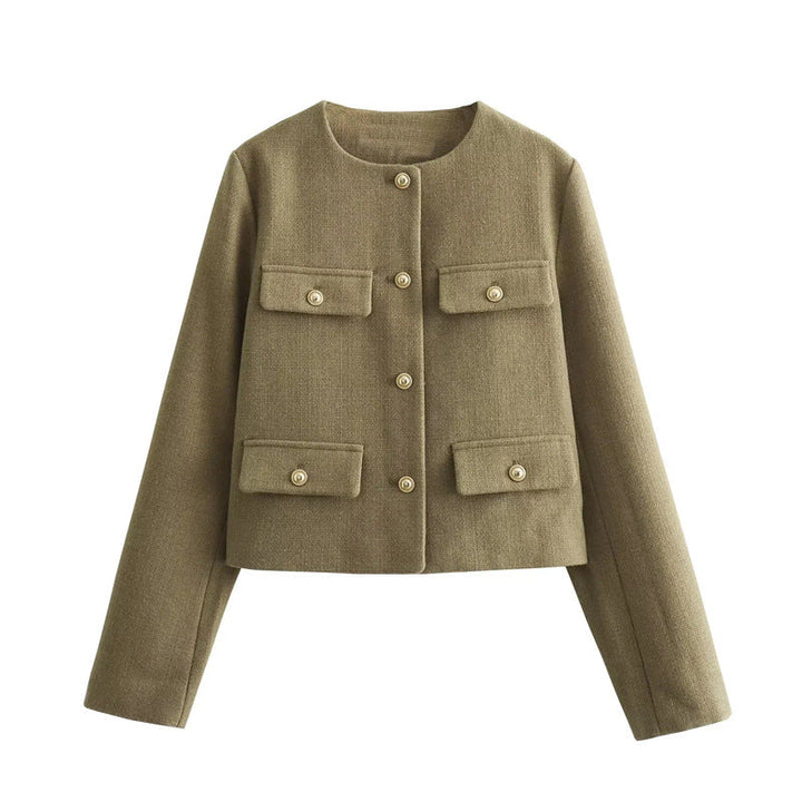 Fall fashion women's cropped jacket with shiny gold buttons and practical pockets, outerwear.
