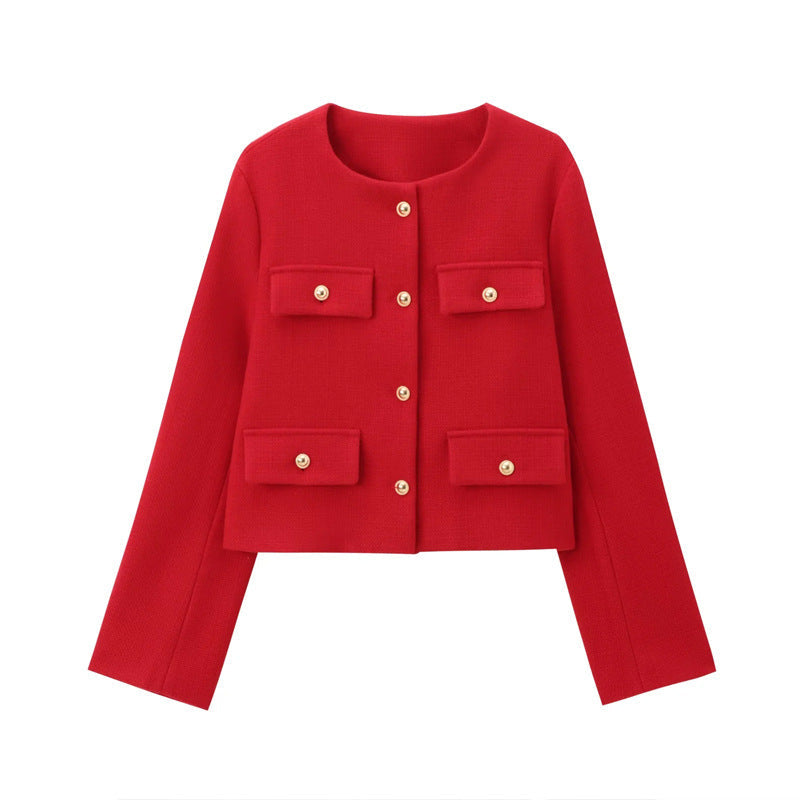 Winter ready women's cropped blazer, styled with chic gold buttons for a sophisticated look.