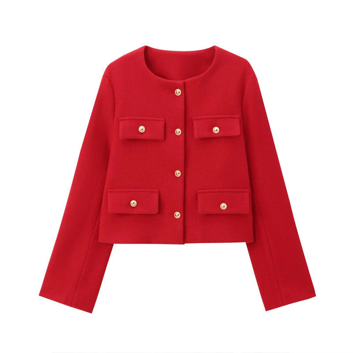 Winter ready women's cropped blazer, styled with chic gold buttons for a sophisticated look.