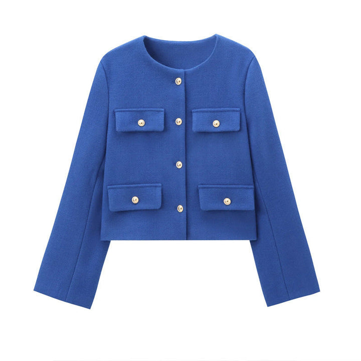 Modern tailored women's cropped jacket, features elegant gold buttons & pockets for a stylish fit.