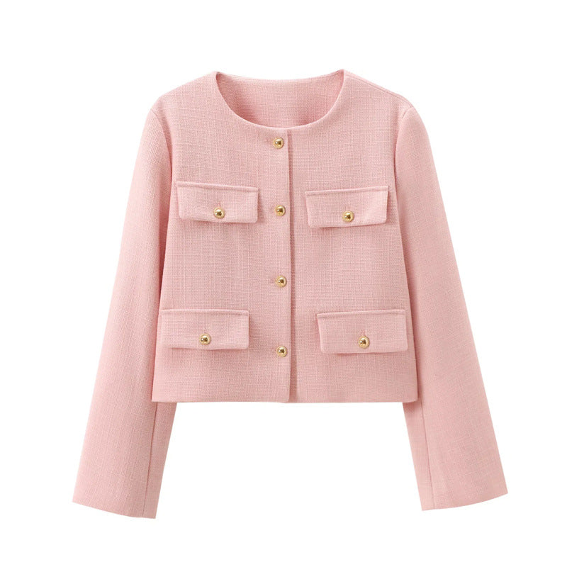 Sophisticated women's cropped blazer, versatile for smart casual or business casual with gold buttons.