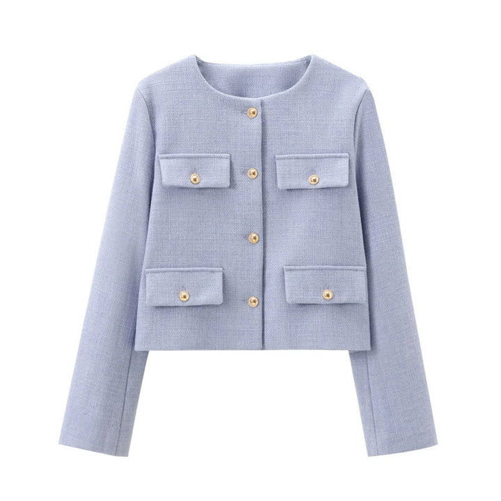Chic women's outerwear: cropped jacket with elegant gold buttons & tailored fit for modern style.
