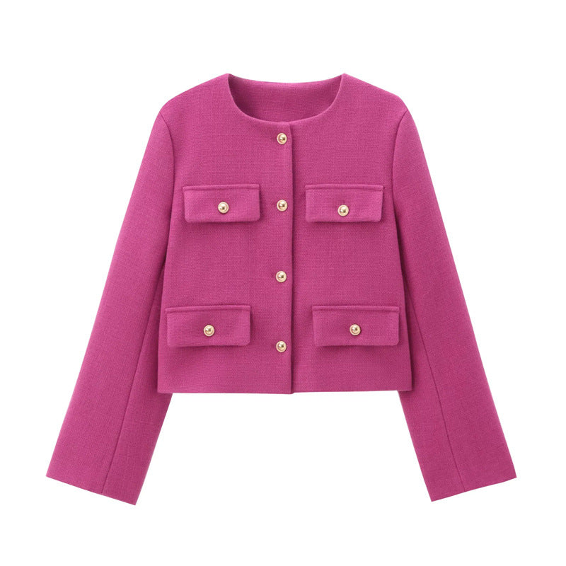 Women's versatile cropped blazer with gold buttons, perfect for office, fall, and smart casual elegance.