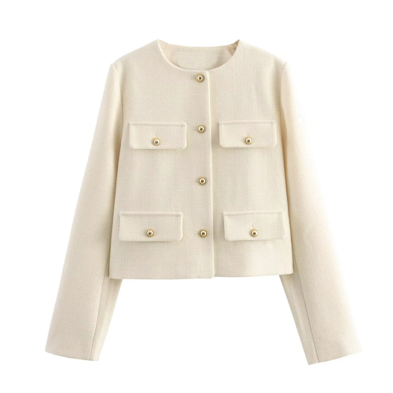 Smart casual women's cropped jacket, perfect for office wear, featuring stylish gold buttons.