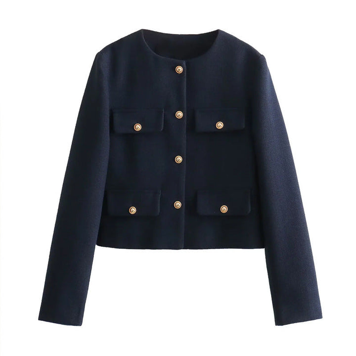 Women's elegant cropped blazer, tailored fit with eye-catching gold buttons, ideal for any occasion.