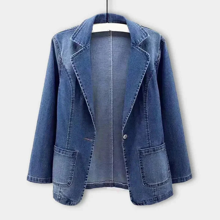 Women's chic denim blazer jacket. Tailored blue denim for spring and autumn casual elegant style.