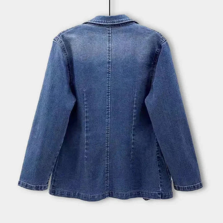 Versatile women's denim blazer jacket. Chic tailored blue outerwear for spring fashion & autumn style.