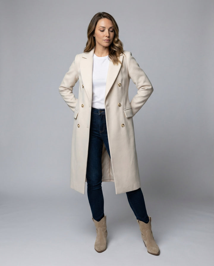 Women's chic double-breasted winter jacket. Elegant outerwear, perfect for cold weather.
