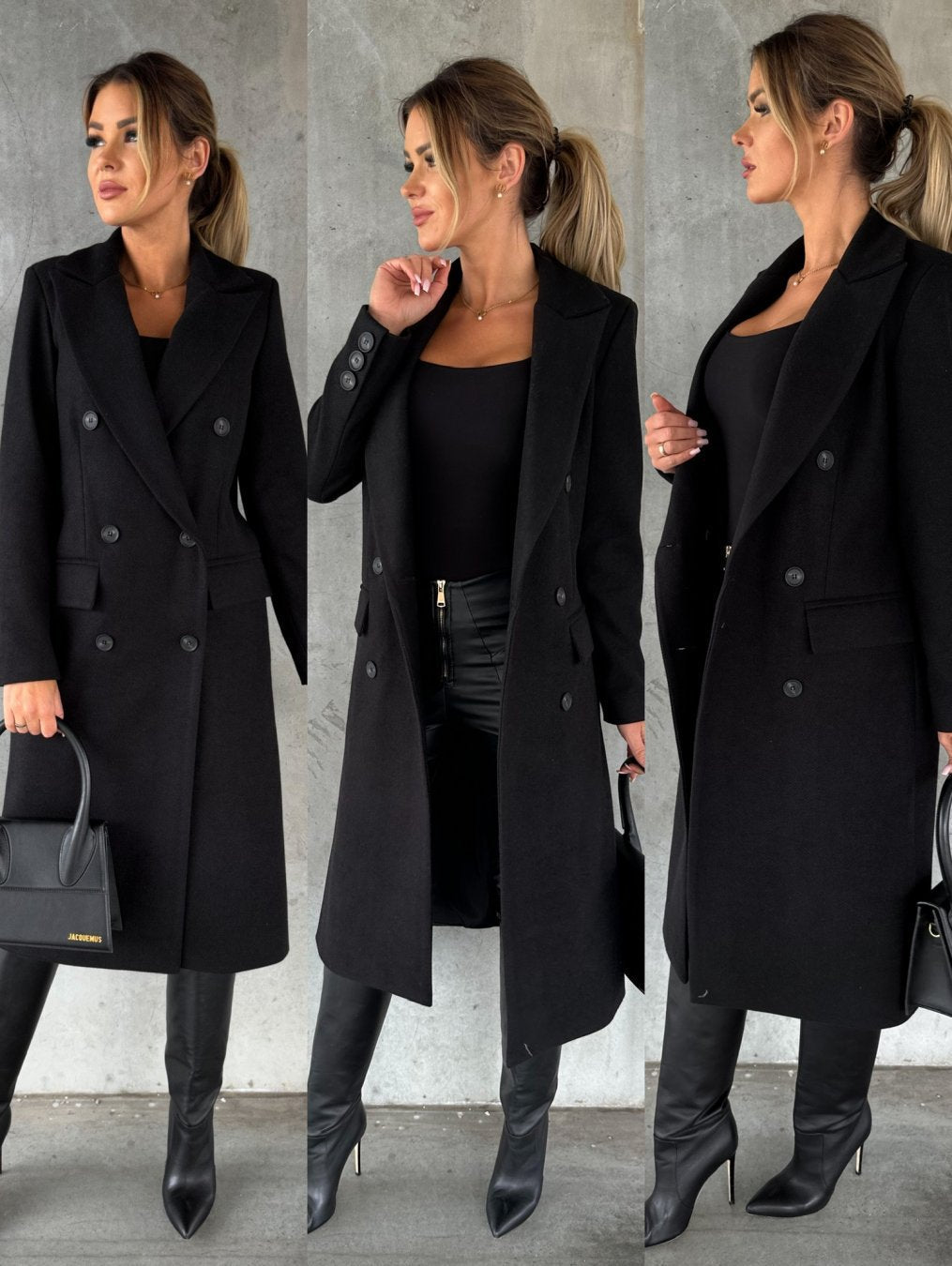 Warm women's double-breasted winter coat. Elegant outerwear offering comfort and classic style.