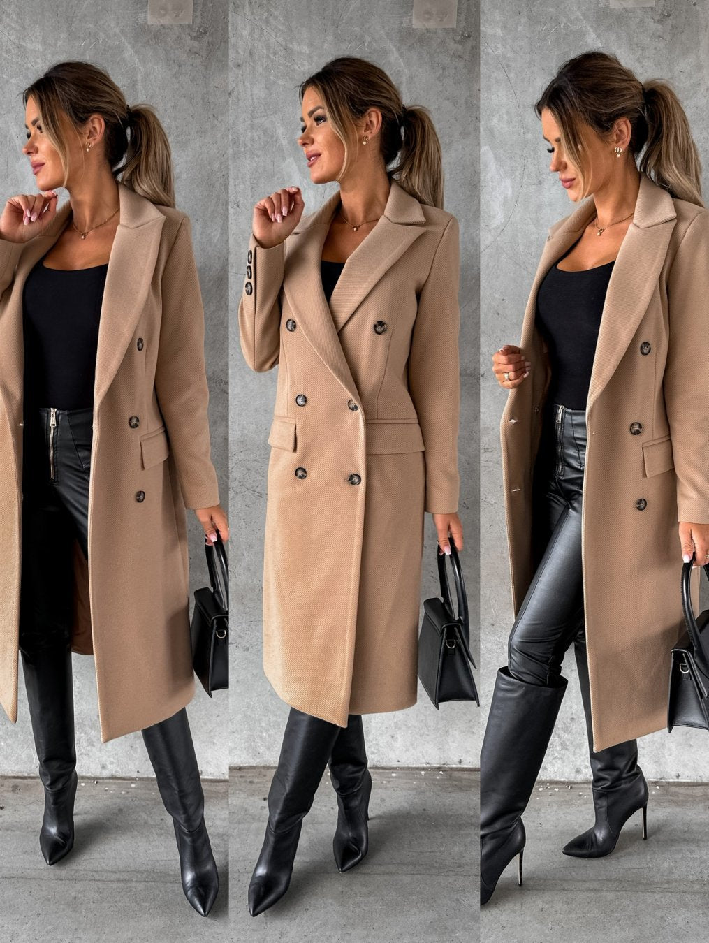 Versatile women's double-breasted chic jacket. Fashionable outerwear for many elegant winter outfits.