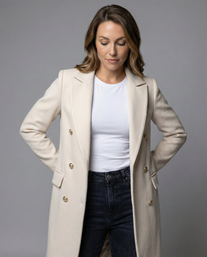 Black women's double-breasted chic jacket. Stylish outerwear for a sophisticated winter look.