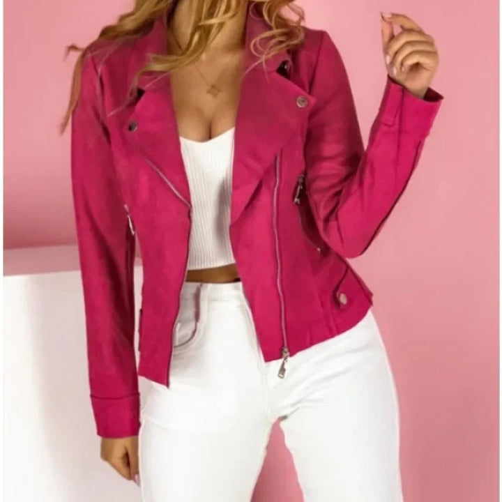 Elegant faux leather women's zip-up moto jacket, featuring a convertible collar for chic and adaptable fashion.