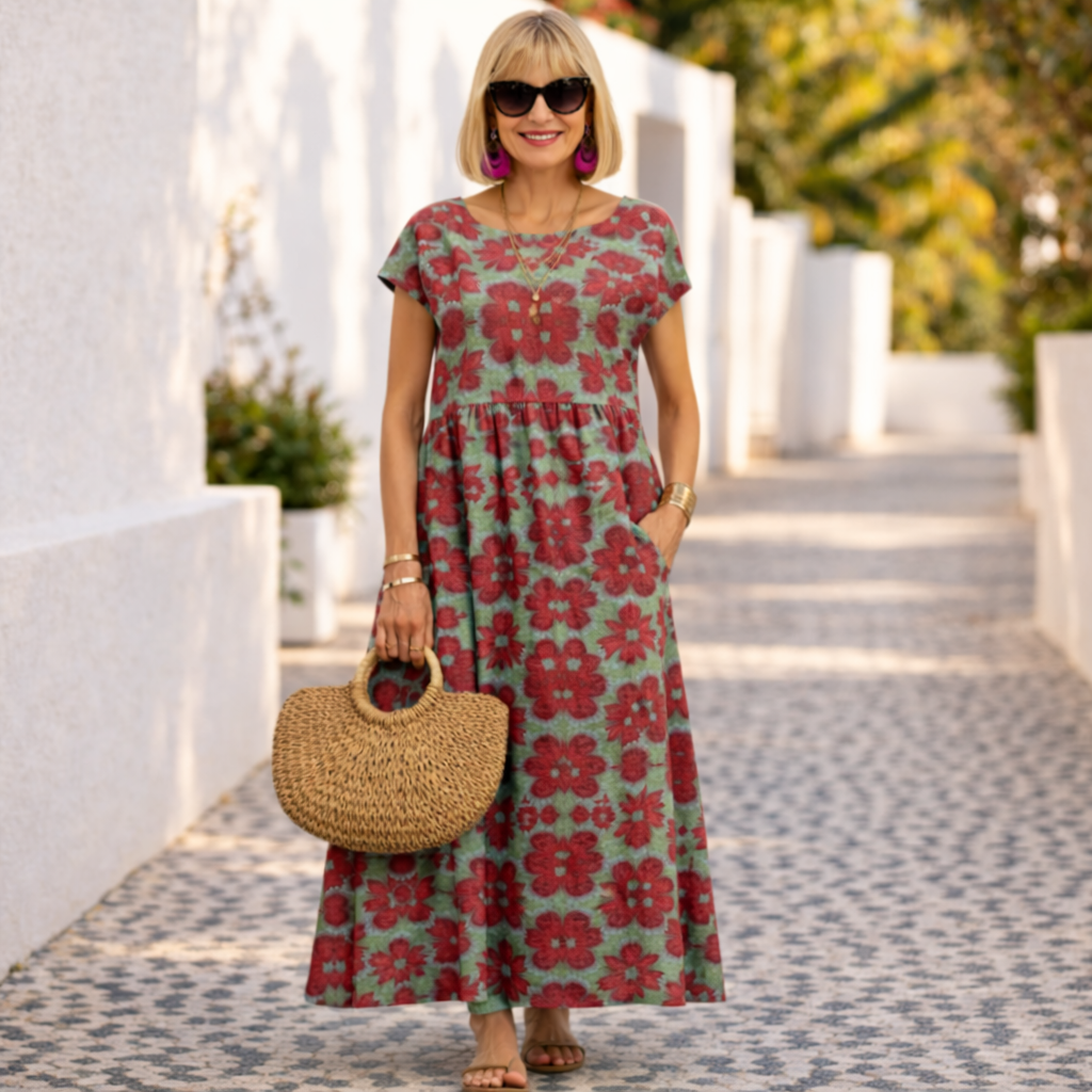Women's chic floral flowy midi dress, perfect for spring/summer events. Elegant and comfortable day or evening wear.