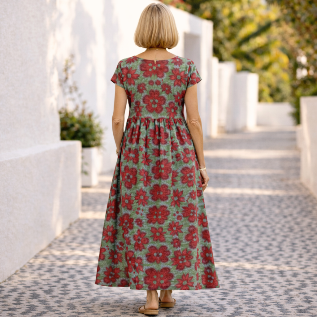 Elegant women's midi dress with vibrant floral print. Chic, flowy design suitable for versatile occasions.